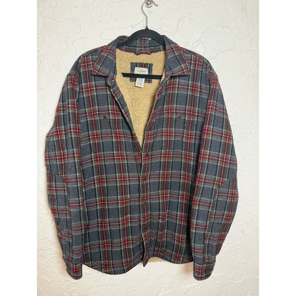 LL Bean Mens Fleece Lined Flannel Shirt Jacket Blue Red Plaid Large 505647